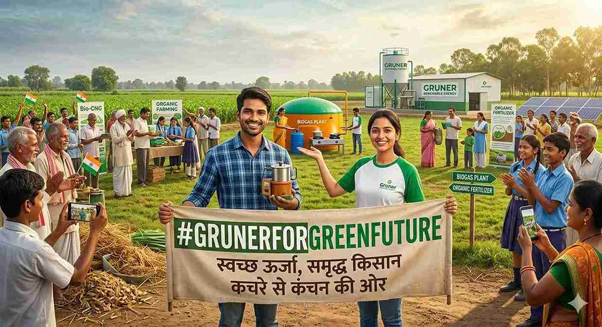 एक युवा भारतीय कपल '#GRUNERFORGREENFUTURE स्वच्छ ऊर्जा, समृद्ध किसान' लिखा हुआ बैनर पकड़े खड़ा है, बैकग्राउंड में बायोगैस प्लांट और खुशहाल किसान हैं। ai genrated