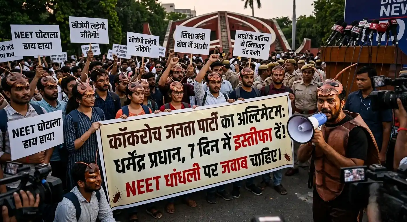 कॉकरोच जनता पार्टी (CJP) का जंतर-मंतर पर शिक्षा मंत्री धर्मेंद्र प्रधान के खिलाफ प्रदर्शन और 7 दिन का अल्टीमेटम, एआई-जनरेटेड प्रतीकात्मक चित्र।