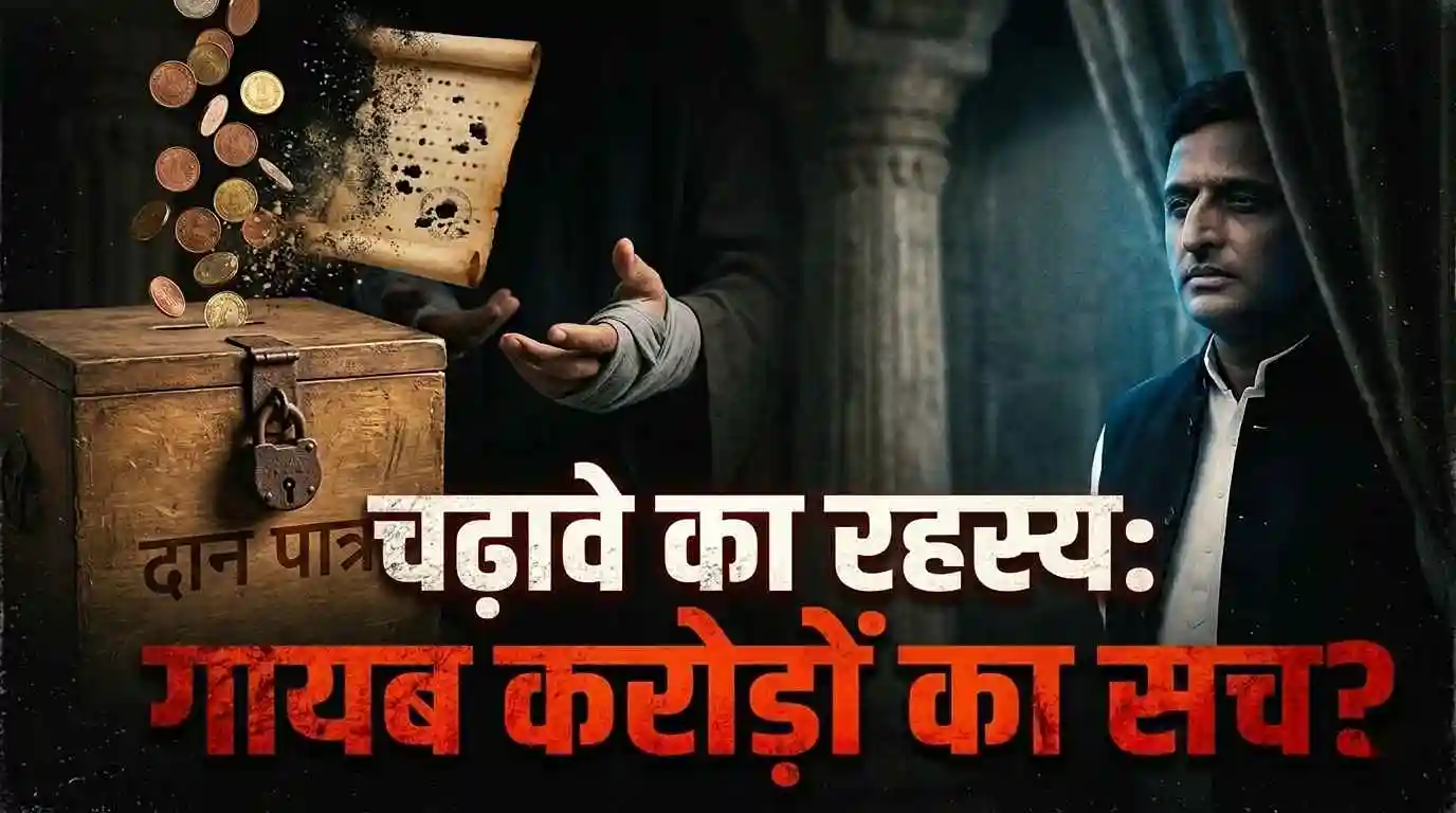 AI द्वारा निर्मित काल्पनिक इमेज जिसमें सपा प्रमुख अखिलेश यादव, प्राचीन दान पात्र, गिरते सिक्के और हिंदी टेक्स्ट 'चढ़ावे का रहस्य: गायब करोड़ों का सच?' दिखाई दे रहा है।