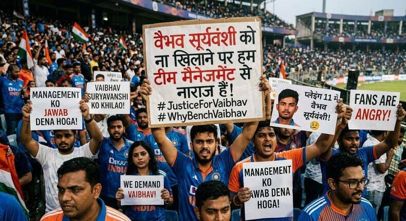 क्रिकेट स्टेडियम में नाराज भारतीय क्रिकेट फैंस हाथों में 'वैभव को क्यों नहीं खिलाया?' का बैनर पकड़े हुए, एक एआई (AI) जनित सांकेतिक तस्वीर।