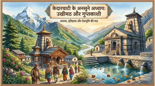 उखीमठ का प्राचीन ओंकारेश्वर मंदिर और गुप्तकाशी का मणिकर्णिका कुंड, केदारघाटी के गुप्त तीर्थ स्थल की एआई जनरेटेड डिजिटल कलाकृति